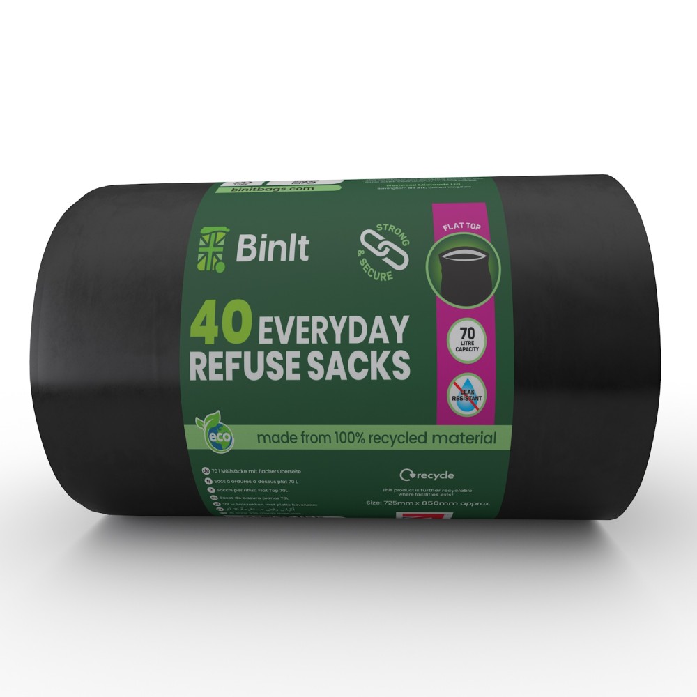 Everyday Flat Top Bin Bags 70L Strong & Secure 100% recycled LDPE