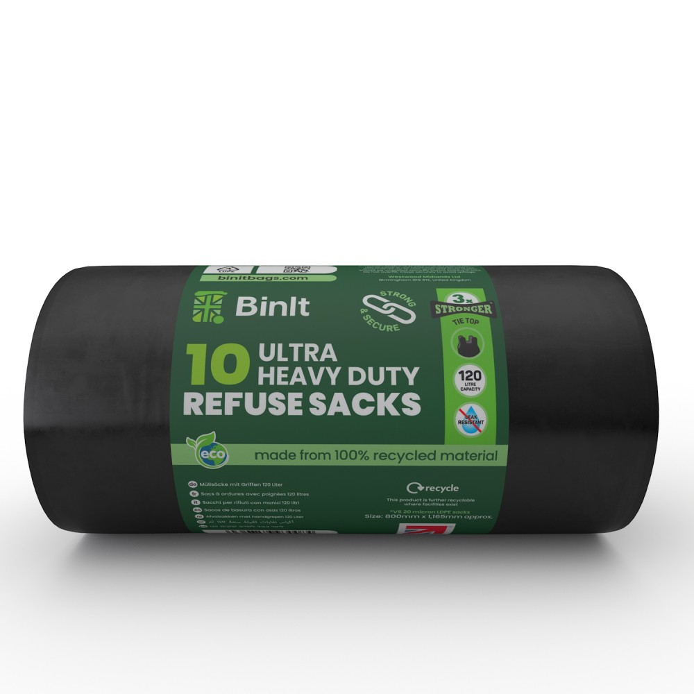 10 Ultra Heavy Duty Tie Top 120 Litre XL Refuse Sacks, 80kg Lift Tested, 23kg Drop Tested, Super Strong - 60 μm Thickness